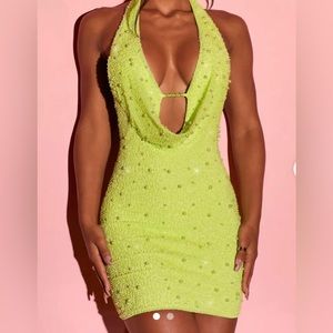 Oh Polly Halter Deep Plunge Embellished Mini Dress in Lime